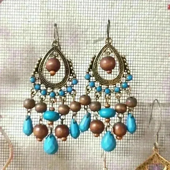 Vintage beads drop earrings  chandelier style blue/ brown beads  brass tone - Picture 4 of 12